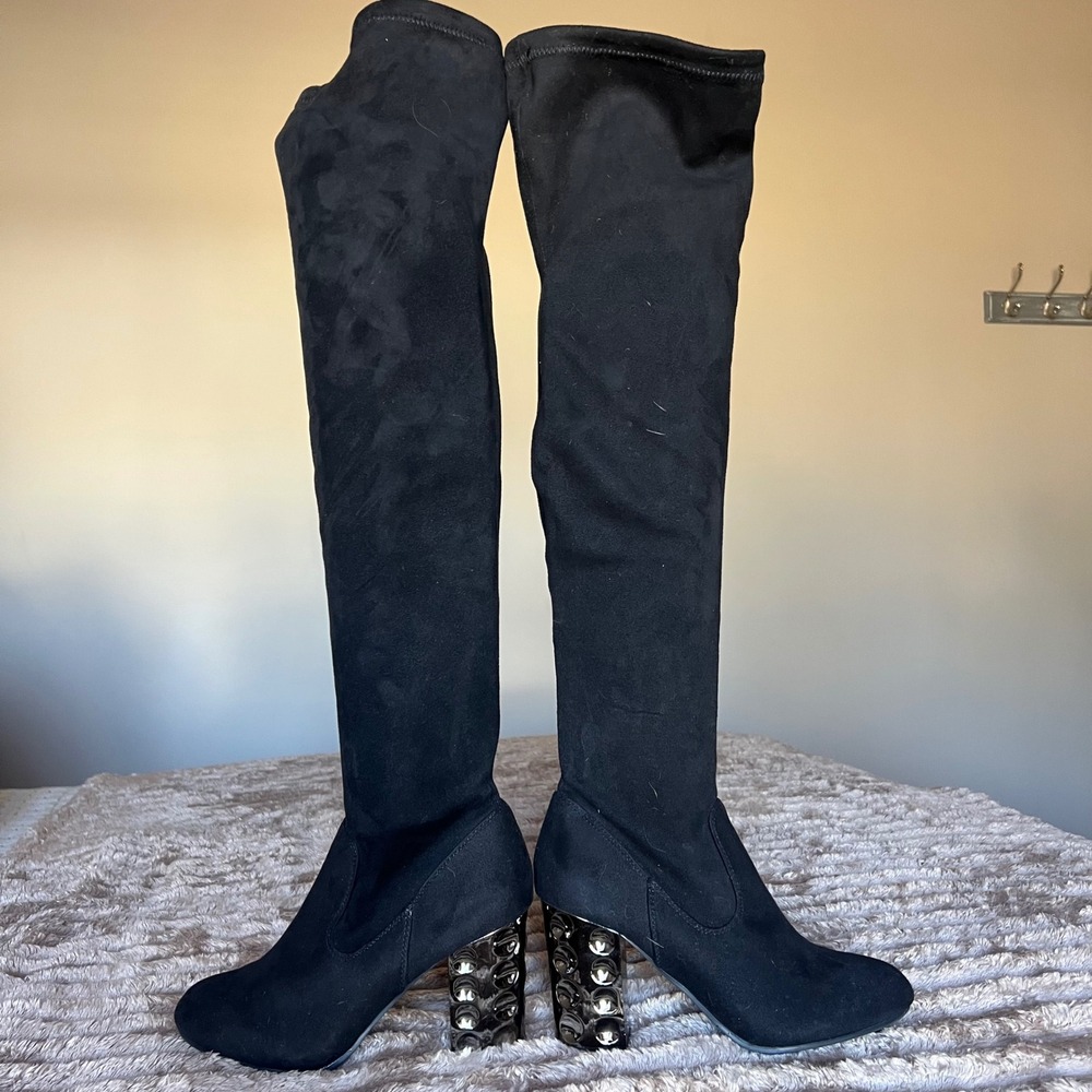Carlos by Carlos Santana Quantum Faux Black Suede Over Knee Boot Heel 7.5